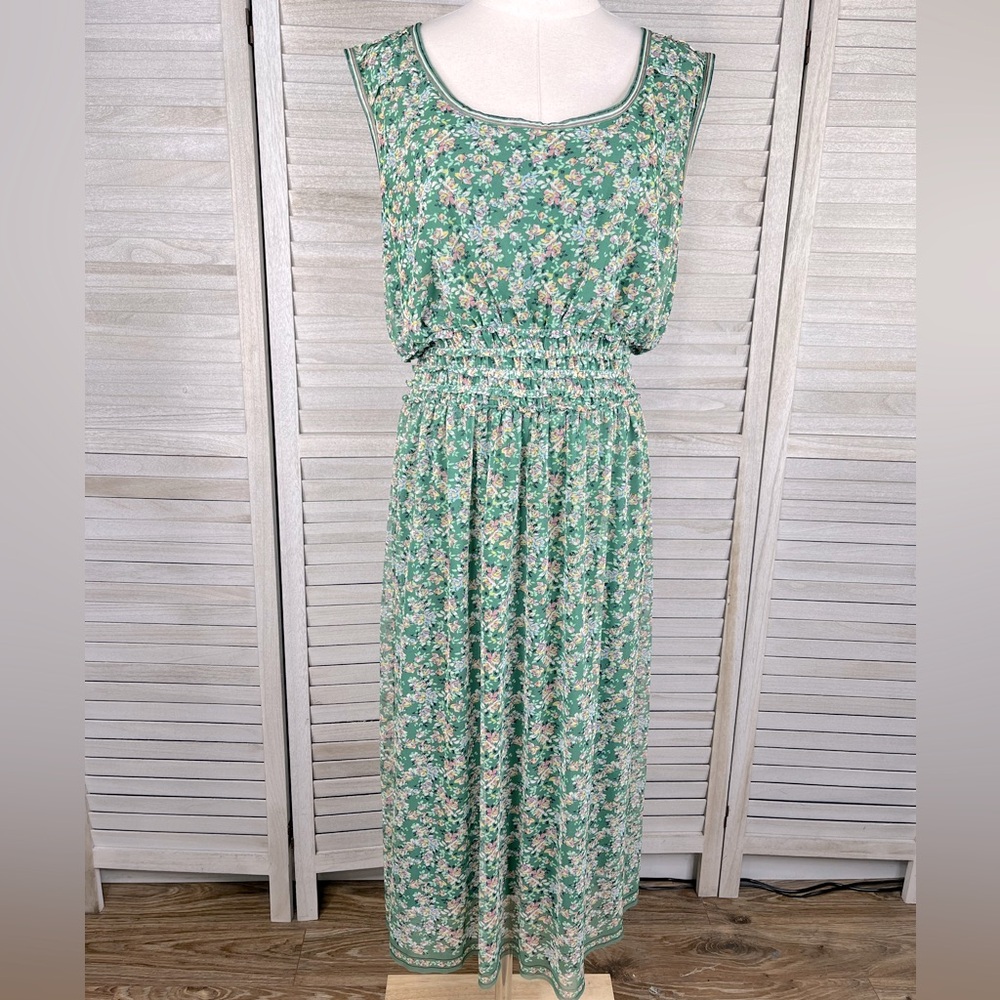 MAX STUDIO Sleeveless Mesh Maxi Sundress Green/Multi Floral-XL